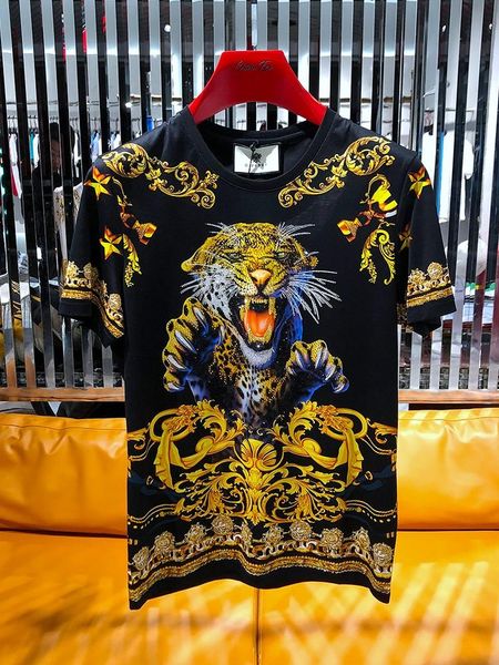 

men's t-shirts 2021 spring summer korean black gold animal slim fit drilling leopard printing short sleeve t-shirt, White;black