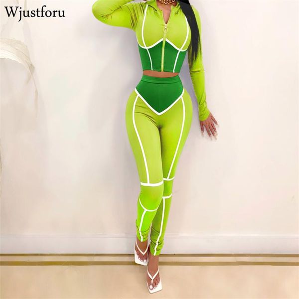 

women's two piece pants wjustforu workout patchwork set women long sleeve zipper crop slim high waist pencil autumn casual outfits, White