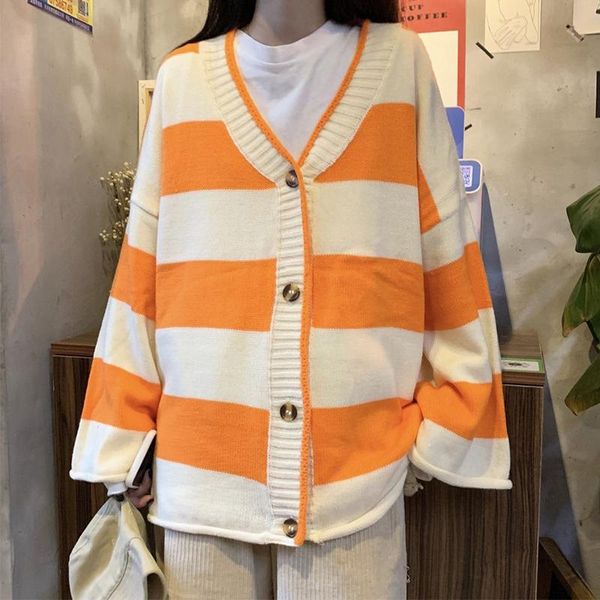 

women's knits & tees cardigan knitted sweater female korean harajuku vintage v-neck striped clothes japanese preppy style loose sweet w, White