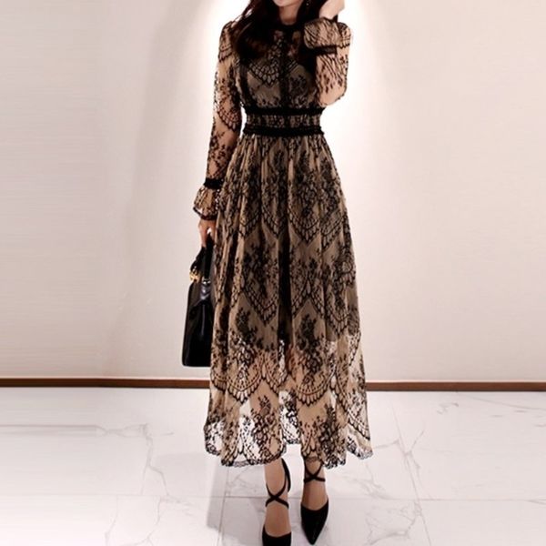 

spring elegant women vintage lace long sleeve o-neck robe femme ol high waist casual slim party dresses 210325, Black;gray
