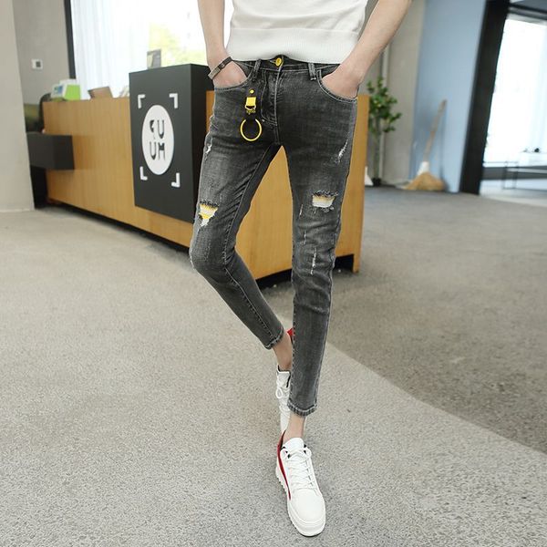 

men's jeans wholesale trendy men's spring summer korean teenagers skinny stretch ripped skinny jeans men social spirit guy pencil, Blue