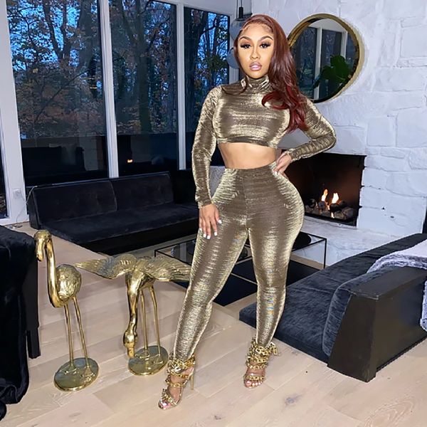 

jumpsuits,rompers beautiful trend big size autumn and winter half neck gold silk knitted tights two piece sports suit