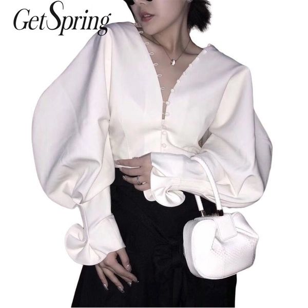 

getsring blouse shirt vintage v neck white ruffle blouses lantern shirts women girls 210317