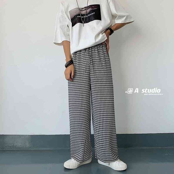

men's pants summer thin plaid casual fashion wide-leg men streetwear loose elastic waist ice silk mens trousers 473f, Black