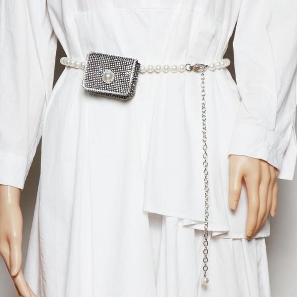 

waist bags fashion trend 2021 pearl mini bag flash diamond rhinestone belt party coin purse fanny pack for women