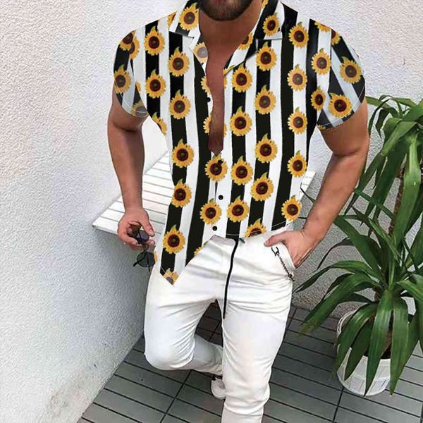 

men's shirts 2021 ummer beach print caual looe lapel top, White;black