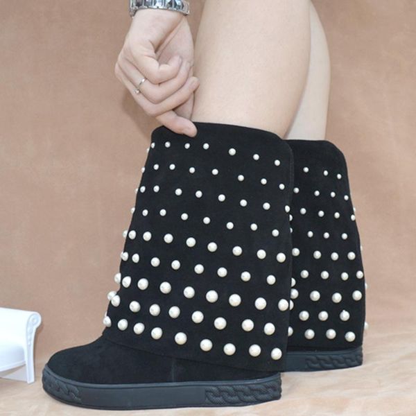 

boots woman black faux-pearl ankle height increasing full beaded embroidery chunky sole platform wedge