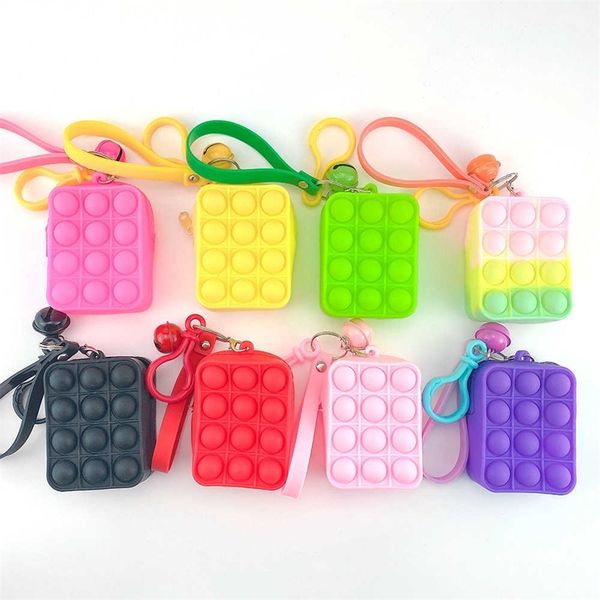 

solid rainbow color mini bubbles popper bag sensory rubber silicone purses key ring fidget push bubble puzzle cases wallet coin bags keychai