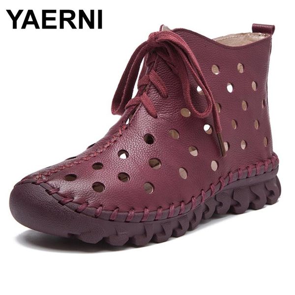 

boots yaerni women summer handmade full grain leather ankle for vintage genuine hollow out soft shoes, Black