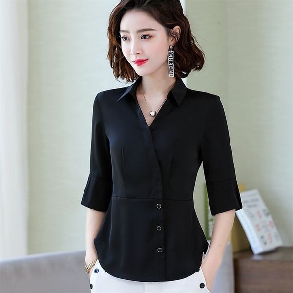 

fashion women spring summer style blouses women casual half sleeve v-neck slim office lady shirt elegant women df3652 210323, White