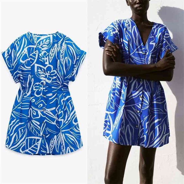 

summer print pleated mini dress women short sleeve fit waistband blue es woman button up vintage casual 210524, Black;gray