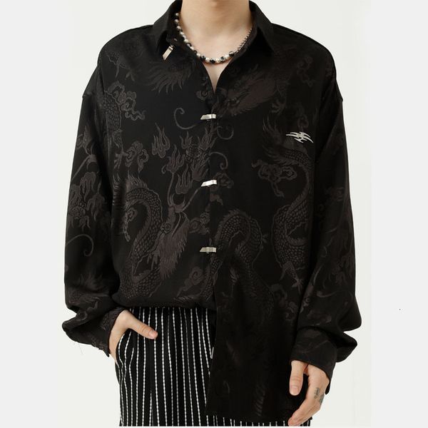 

men's casual shirts chinese style dragon metal button men loose handsome long sleeve male streetwear vintage blouse ahoc, White;black
