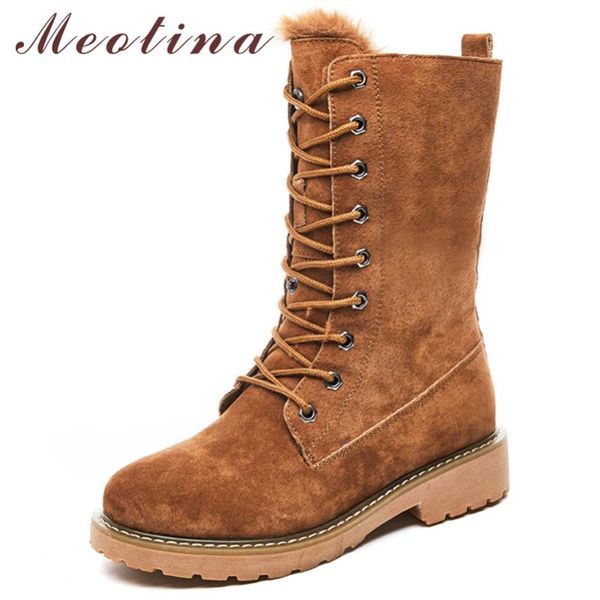 

boots meotina genuine leather thick med heel round toe ladies women snow lace up mid-calf boot 2021 winter camel black 41