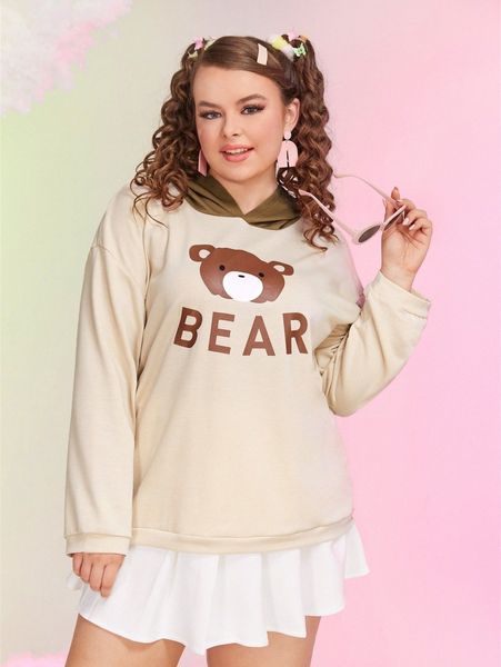 

plus bear and letter graphic drop shoulder hoodie h4oz#, Black