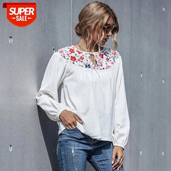 

2020 new autumn winter sweet floral o-neck cotton women office lady full sleeve t shirt #pn8r, White