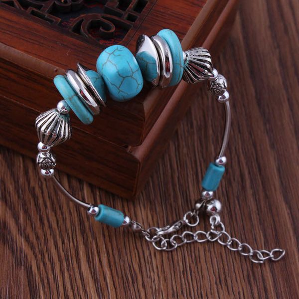 

geometric retro beaded tibetan silver turquoise link chain bracelets dymtqb026 fashion gift national style women men's diy bracelet, Black