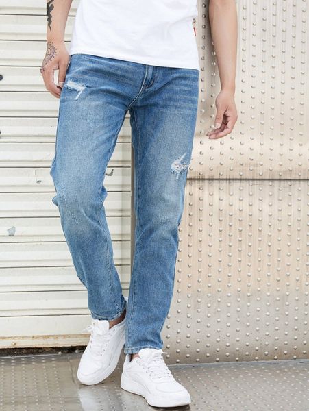 

men stone washed ripped straight leg jeans j6f9#, Blue