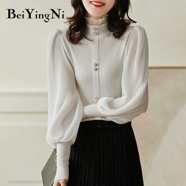 

beiyingni women's turtleneck sweaters elegant fashion autumn winter knitwear female jumper lantern sleeve buttons pullovers 211014, White