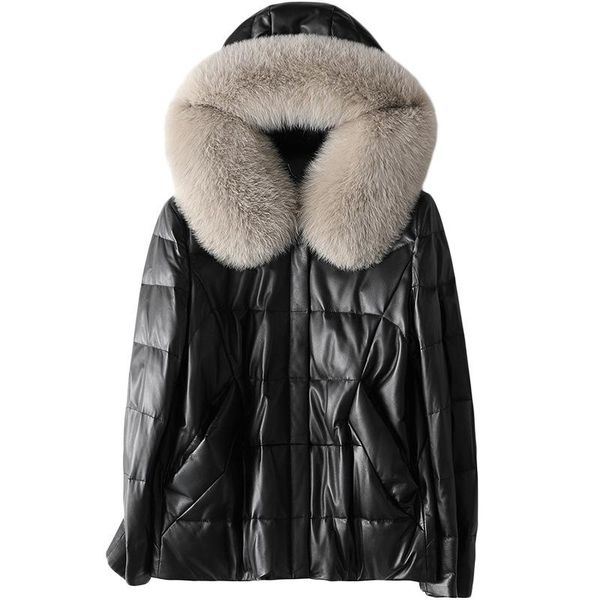 

women's leather & faux black hair hooded down jacket woman parkas winter natural sheepskin fur autumn coat genuine outwear female