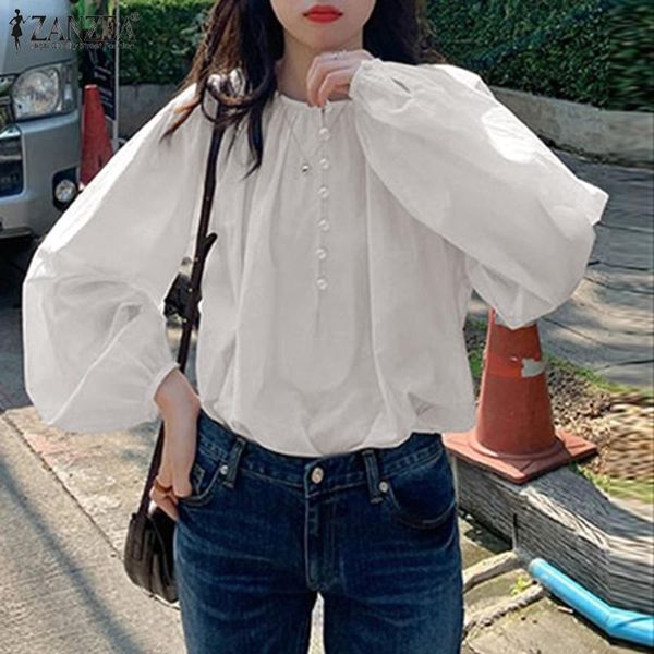 

women's blouses & shirts women long puff sleeve 2022 fashion spring solid casual blusas female button tunic plus size chemise, White