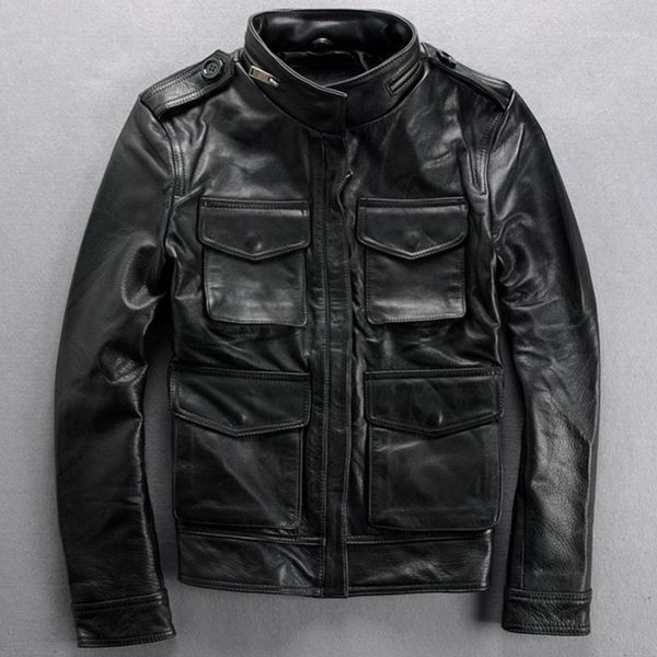

men's leather & faux fashion m65 genuine black real cowskin slim fit motorcycle men casual biker jacket with pockets