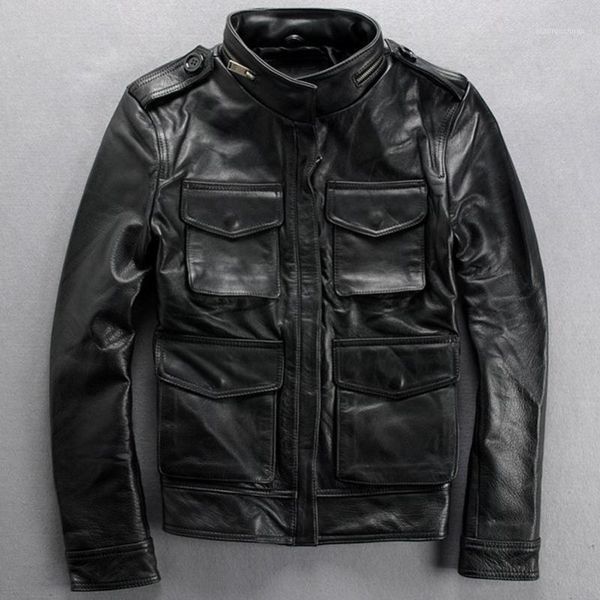 Giacca da motociclista casual da uomo in vera pelle di vitello nera genuina moda M65 in finta pelle da uomo con tasche