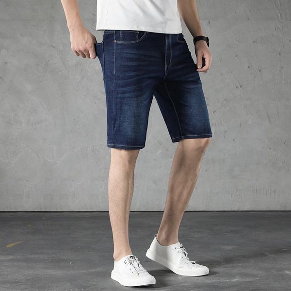 

men's jeans plus fat denim shorts high-quality stretch straight spring and summer thin five-point pants size, Blue