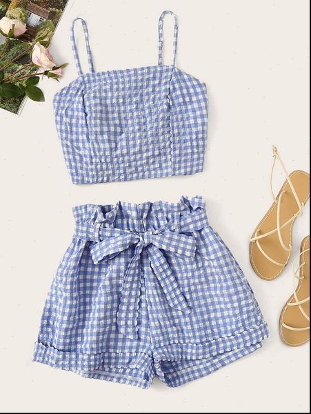 

woman women tracksuits two piece set gingham bubble lattice sling crop shorts pullover above knee, mini elastic waist casual, Gray