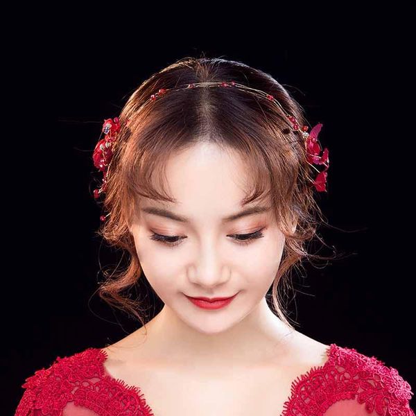 

hair clips & barrettes fashion women gold alloy leaves tiaras and crowns red yarn flower bride headband headdress wedding accessories jewelr, Golden;silver