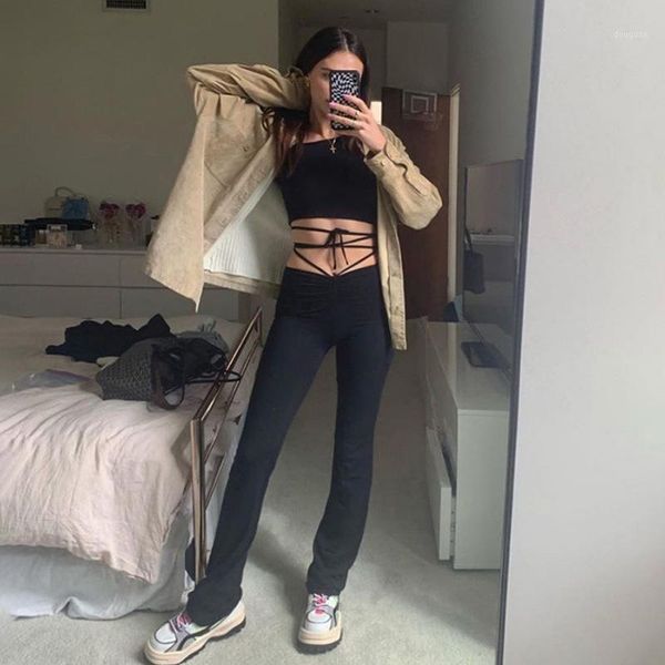 

women pants high waist hin thin bandage straight street leisure party korean style trousers streetwear women's & capris, Black;white