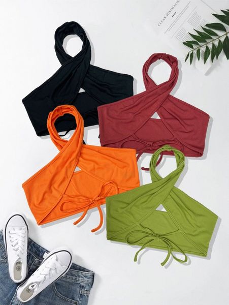 

4pcs rib knit tie front halter b6yp#, White