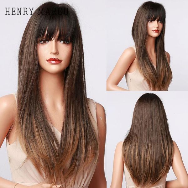 

synthetic wigs henry margu long straight ombre black brown blonde with bangs natural for women cosplay heat resistant wig