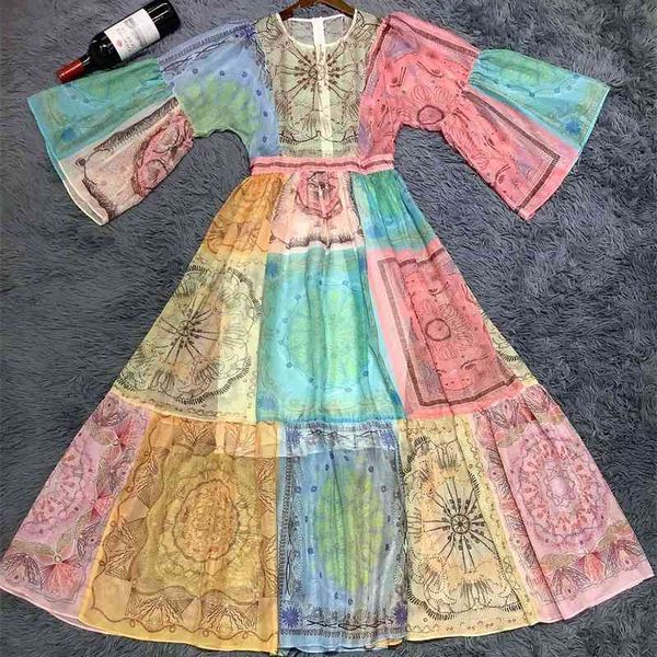 

truevoker runway designer maxi long dres flare sleeve multi totem print vocation 210602, Black;gray