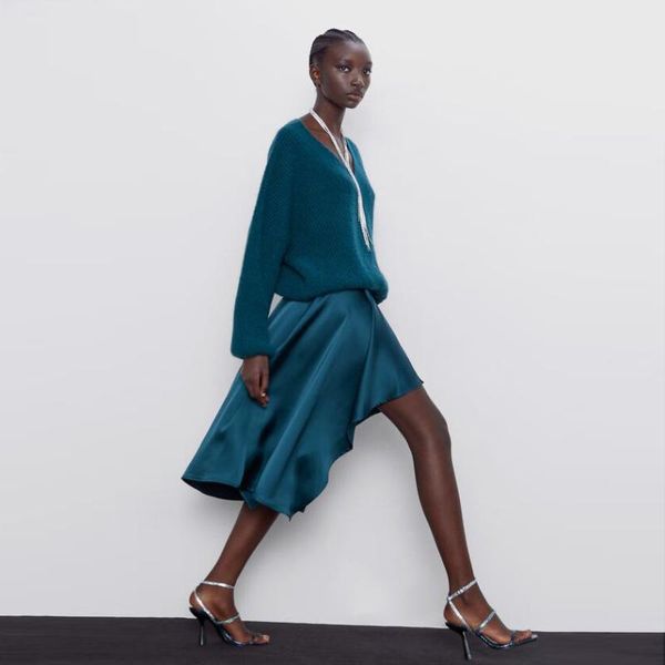 

skirts high end teal soft satin asymmetrical mid calf women zipper elegant street female skirt custom made, Black