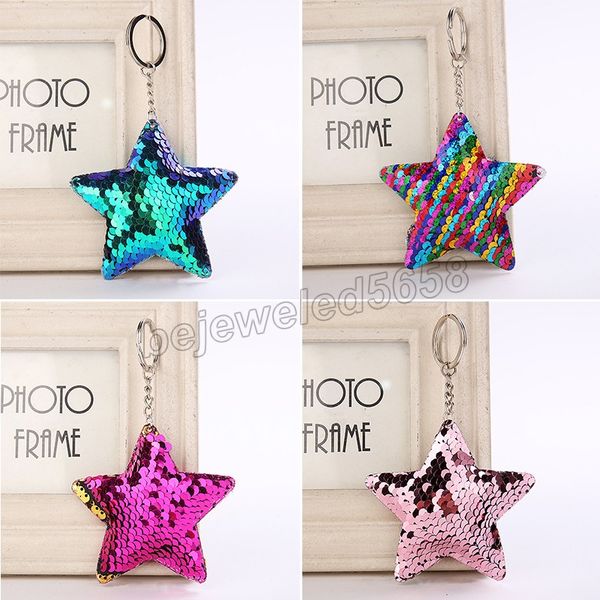 

cute chaveiro star keychain glitter pompom sequins key chain gifts for women llaveros mujer car bag accessories key ring, Slivery;golden