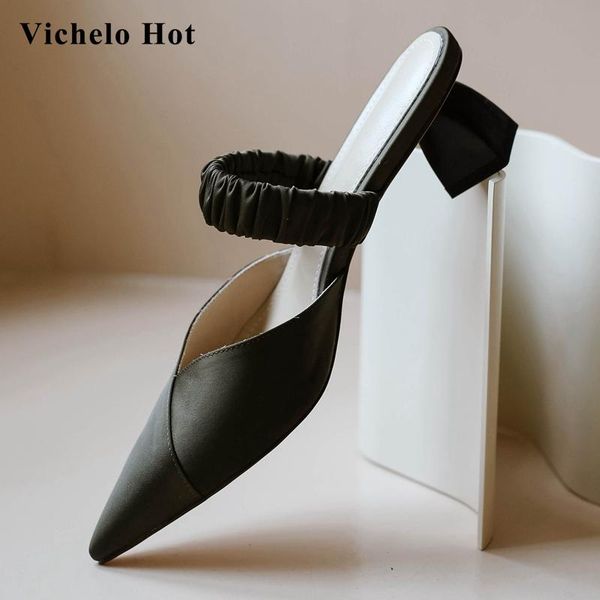 

vichelo genuine leather pointed toe strange med heel slip on mules handmade mature lady basic sandals women l21, Black