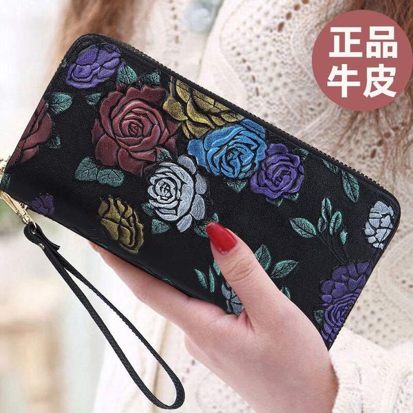 

leather high-grade leather multi card zipper wallet women's long fashion new printed mobile phone bag multi-function, Red;black