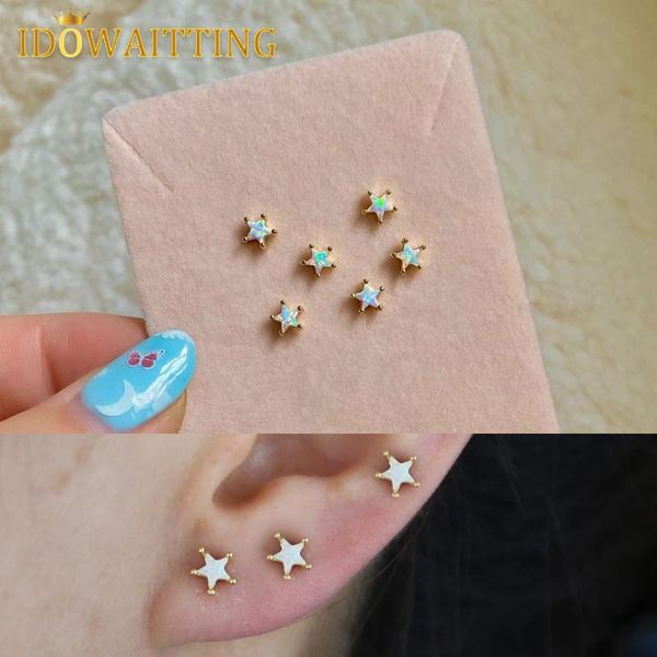 

stud 100% 925 sterling silver minimal delicate dainty white star shaped fire opal stone paved cute lovely small earring for girl, Golden;silver