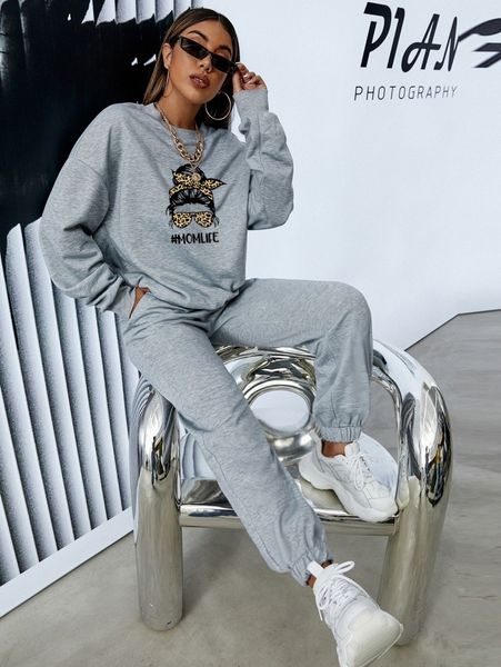 

figure & letter graphic sweatshirt & sweatpants t9ll#, White