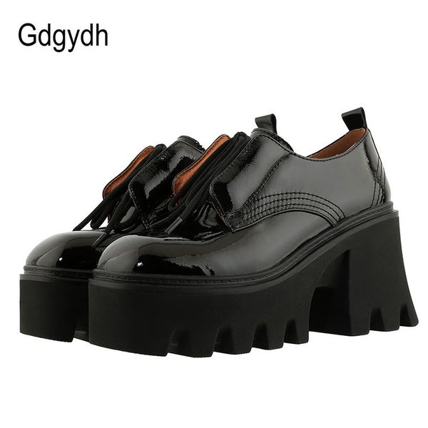 

gdgydh patent leather shoes women spring high platform chunky heel pumps black retro lace up quality gothic style dress
