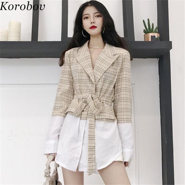 

women's suits & blazers korobov coats 2021 vintage plaid blazer jacket panelled patchwork women coat sashes slim button female 76234, White;black