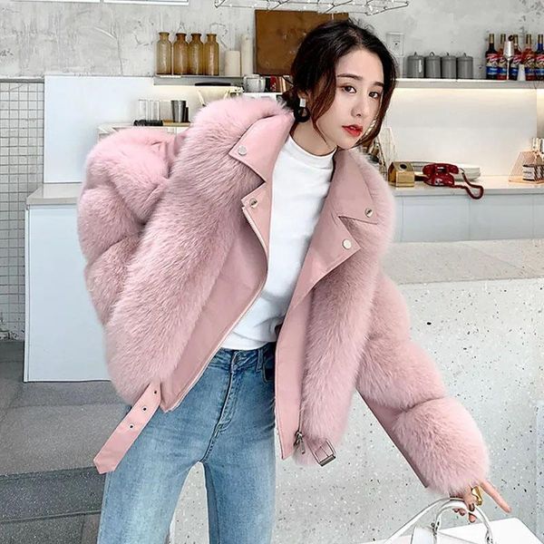 

women's fur & faux lucyever 2021 autumn winter coat women fashion pu leather patchwork biker jacket female short warm furry overcoat, Black
