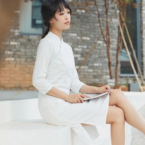 

women's knits & tees 2021 spring and summer cotton jacquard chinese style stand collar art daily improved cheongsam dress zen tea, White