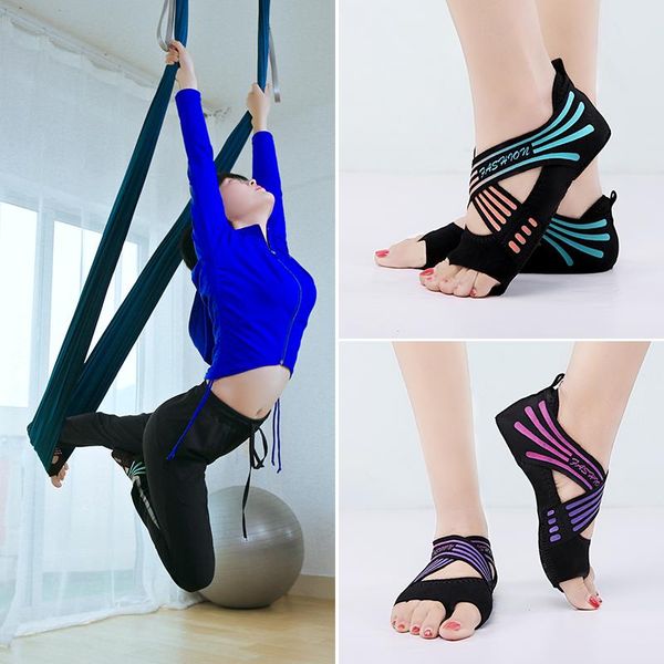 

women's anti-slip fitness dance pilates socks professional indoor yoga sock five toe backless ballet ladies sports, Black