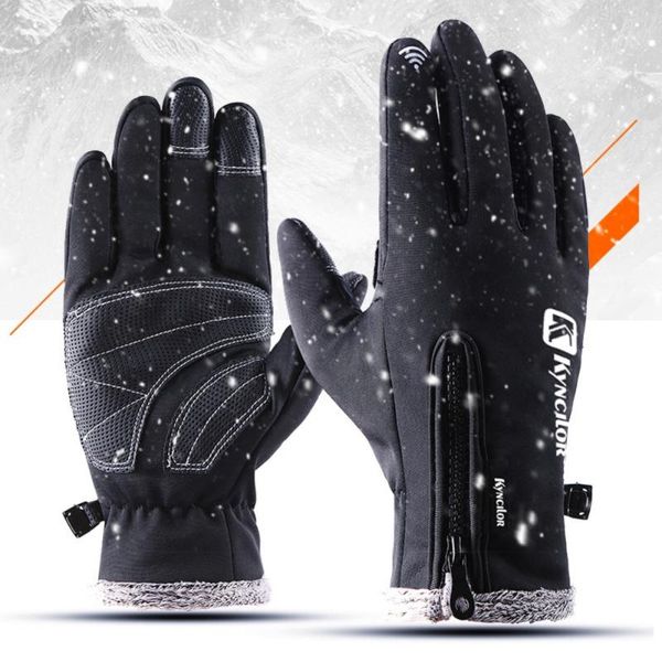 

cycling gloves winter cold weather thickness warm fleece skiing touch screen waterproof adjustable full finger glo, Black