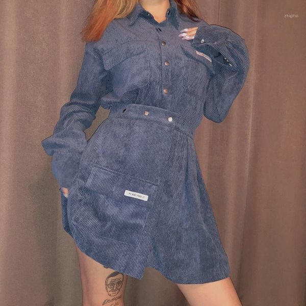 

autumn women turn down collar shirt and skirts 2 pieces sets casual streetwear mini wild slim two piece dress, White