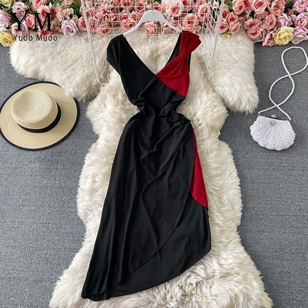 

yuoomuoo fashion one bow shoulder women summer dress 2021 brand style elegant color patchwork irregular long party casual dresses, Black;gray