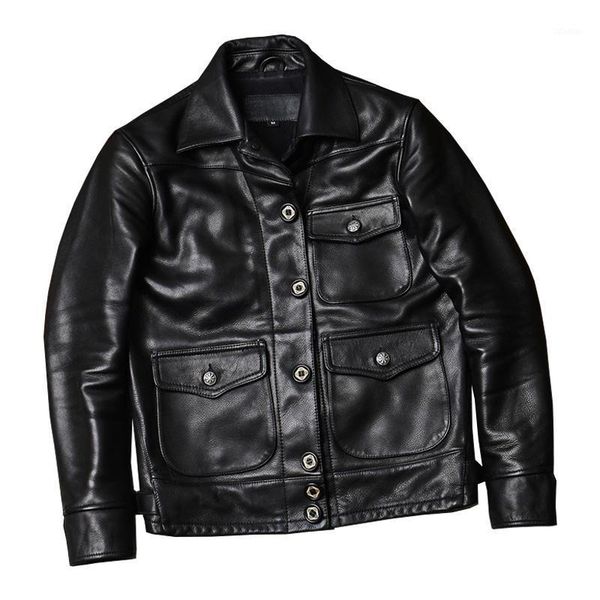 

men's leather & faux 2021 black men japan style casual jacket single breasted genuine cowhide autumn slim fit short natural coat