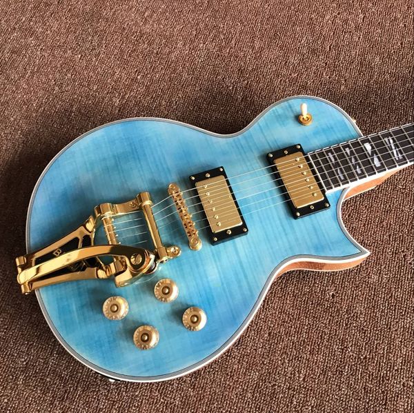 

custom jazz electric guitar golden hardware blue tiger flame maple guitarra with vibrato system