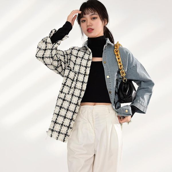 

[ewq] oversized european blue overcoat female clothing 2021 spring letter print women plaid stitching jeans plus size coats women's jac, Black;brown